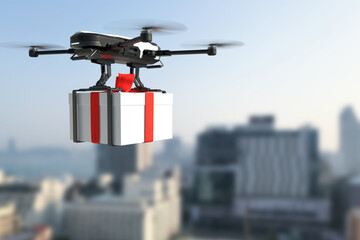 Drone delivery gift boxes, Autonomous delivery robot, Business air transportation concept.