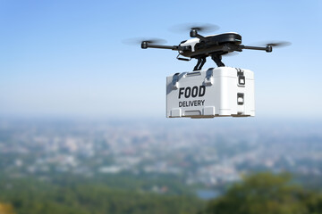 Food delivery drone, Autonomous delivery robot, Business air transportation concept.
