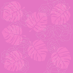 Flower and leaf patterns arranged on pink backgrounds, roses, drawn with white stripes, design ideas, striped fabrics, wallpapers and postcards.