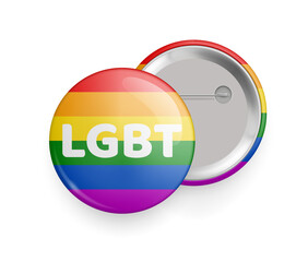 Lgbt pride symbol glossy 3d badge in rainbow colors. Homosexual pride, peace, love, equality symbol. Front and back side of pin button realistic vector illustration