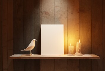 Blank white book cover. Shelf with candles and a white bird in the interior of a country house. 3D rendering.