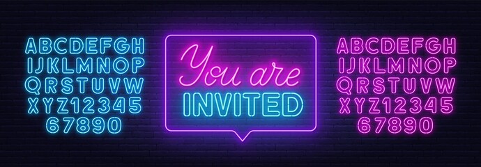 You are invited neon sign on brick wall background. - obrazy, fototapety, plakaty