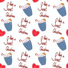 Have a sweet Christmas. Mug with marshmallow, lollipop and dried orange. A wish with a sweet drink. A glass of sweets.