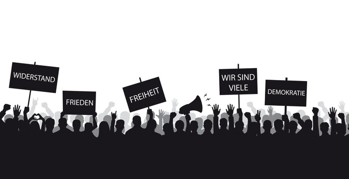 Menschenmenge Demonstration, Volk, Silhouette, Plakate mit Frieden, Freiheit, Demokratie, Widerstand und Wir sind viele - gegen Impfpflicht