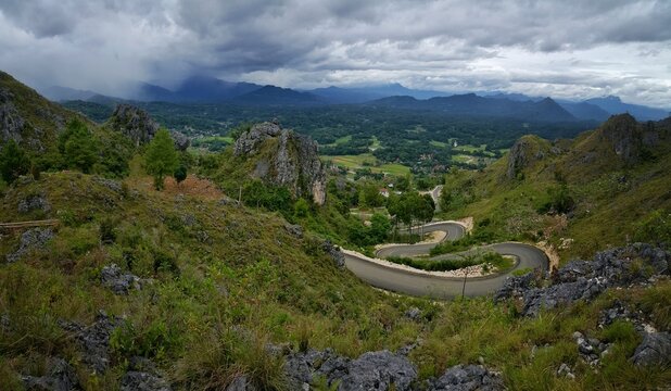 The winding roads of Burake hills where stand the statue of Jesus Christ Blesing at Makale in Tana Toraja Regency, South Sulawesi, Indonesia.