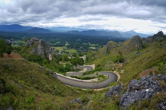 The winding roads of Burake hills where stand the statue of Jesus Christ Blesing at Makale in Tana Toraja Regency, South Sulawesi, Indonesia.