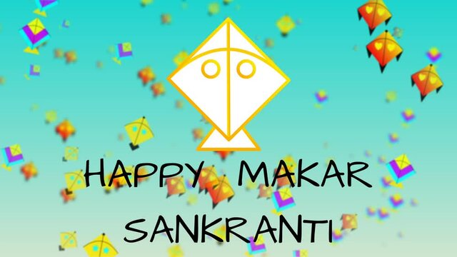 Hand writed happy makar Sankranti and blur 3d flying kites animation. Concept for makar Sankranti and kite festival.