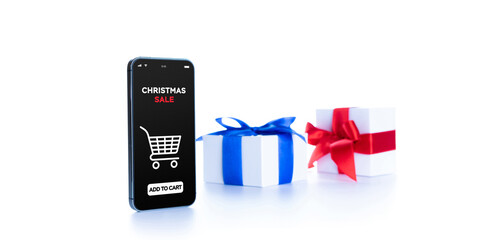 Holiday online shopping. Internet shop application on digital smartphone screen with gift box red ribbon in online shopping composition. Merry Christmas and Happy New Year.