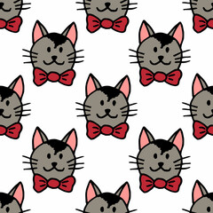 Seamless pattern with gray cat with a red bow around his neck on white background. Vector image.