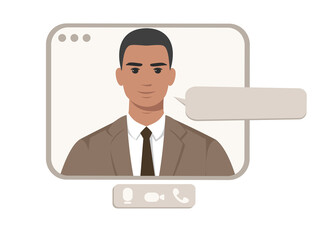 Afro american man on web screen with window for text. Video conference online call. Online training or work from home concept. Vector illustration.