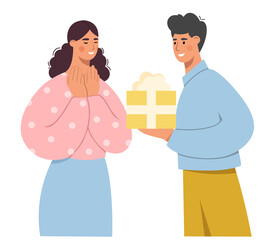 Young man giving a gift to his girlfriend or friend. Couple in love. Concept for Birthday, Valentine's Day or Holidays. Flat vector illustration on white background.