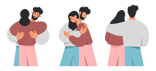 Fototapeta premium Collection of cuddling couples. Young men and women hugging. Smiling couples embracing each other. The concept of support and love between lovers, friends or family. Flat vector illustration.