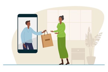 Ordering goods from home. Man on phone screen passes package with purchase to woman in home interior. Girl going to take package. Vector flat illustration. Online delivery, Smartphone apps concept.