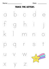 Learning alphabet. Tracing letters. Cute rainbow star.