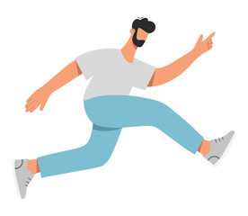 Young man running fast. The concept of achieving goals, ambitious, success. Flat vector illustration isolated on white background.