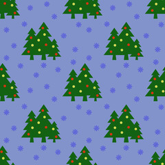Seamless pattern. Image of green Christmas trees with balls and snowflakes on pastel blue backgrounds. Symbol of New Year and Christmas. Template for applying to surface. 3D image. 3d rendering