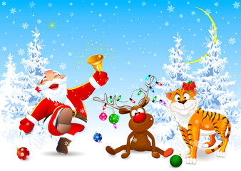 Santa, deer and tiger in winter forest. Santa with a bell, a deer and a tiger in the winter forest on Christmas Eve
