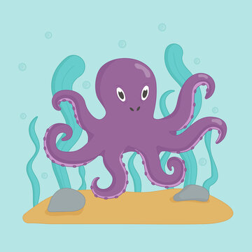 Cute octopus character. Underwater world. Flat vector illustration