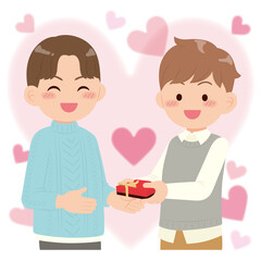 チョコを渡す男性カップル＿線画ver
