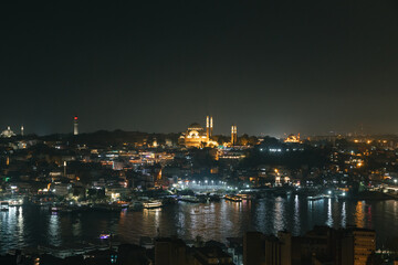 Istanbul background. Suleymaniye Mosque and cityscape of Istanbul at night