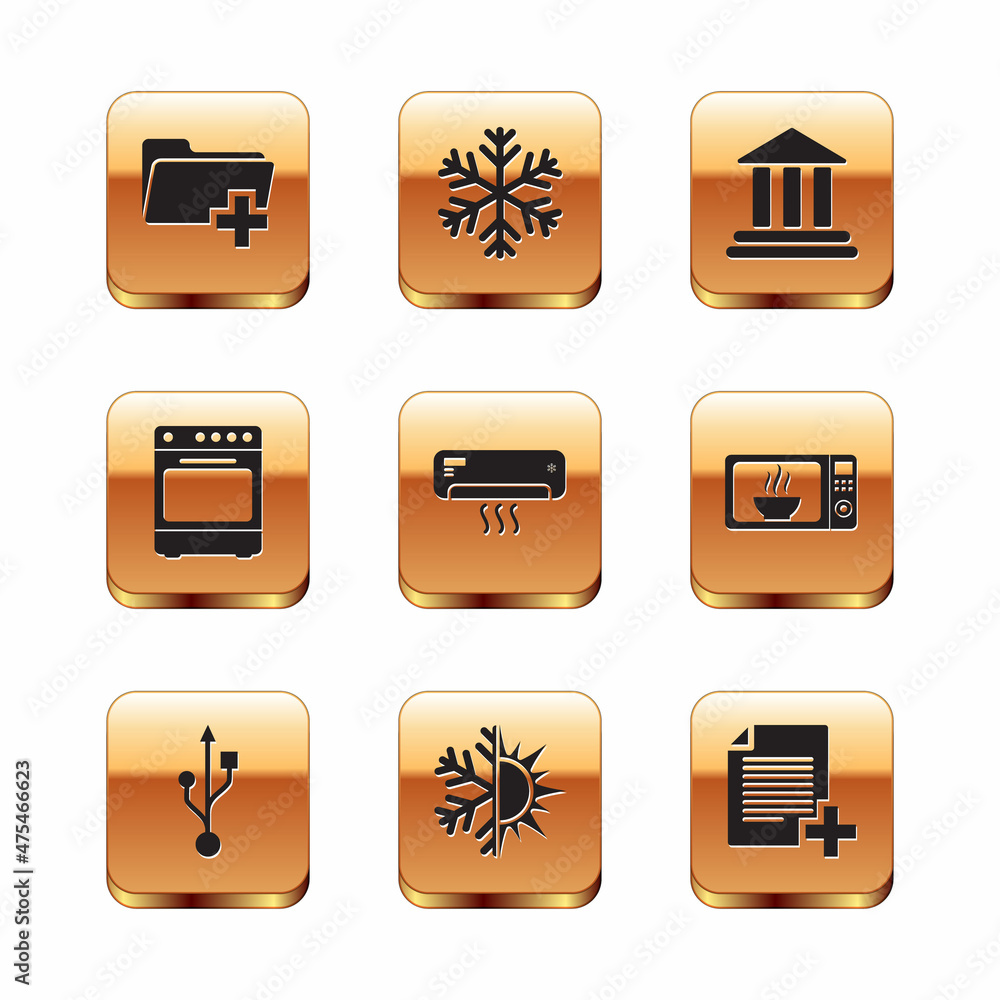 Sticker Set Add new folder, USB, Sun and snowflake, Air conditioner, Oven and Bank building icon. Vector