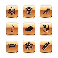 Set Snowflake, Sofa, Air conditioner, Cloud, USB and Meat chopper icon. Vector