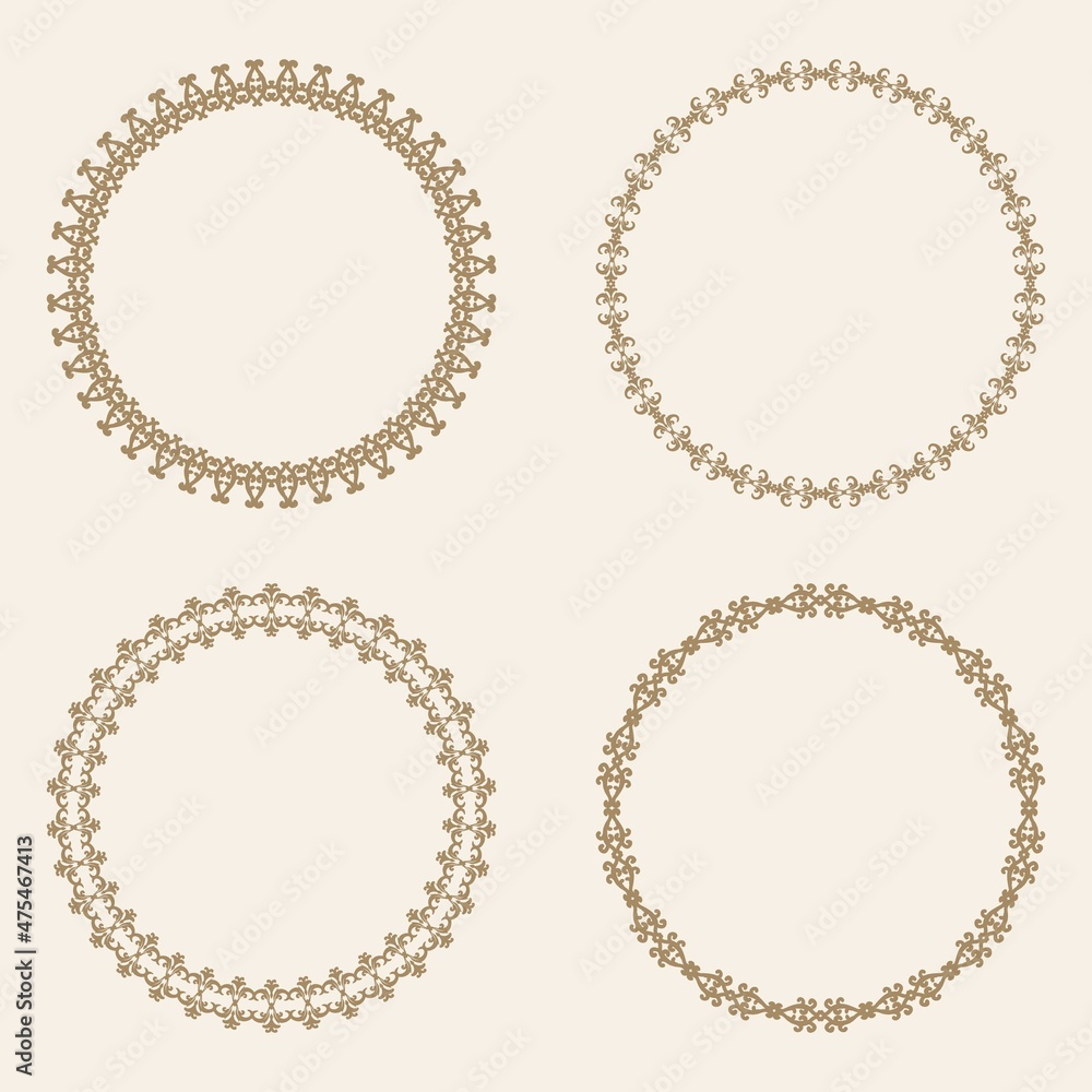 Poster set of round frames with patterns and ornaments. round borders. elegant decor in oriental style. pla