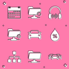 Set Calendar, FTP sync refresh, Headphone and sound waves, settings folder, Car and Water drop percentage icon. Vector