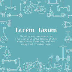 Electric transport - card with text and vector outline illustrations of scooter, skate, skateboard and bike for graphic design