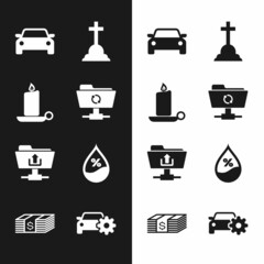 Set FTP sync refresh, Burning candle in candlestick, Car, Tombstone with cross, folder upload and Water drop percentage icon. Vector