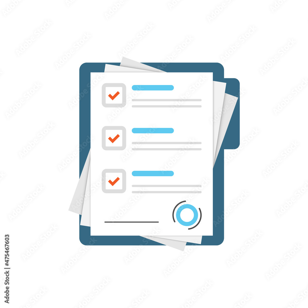 Poster contract document icon in flat style. report with signature and approval stamp vector illustration o