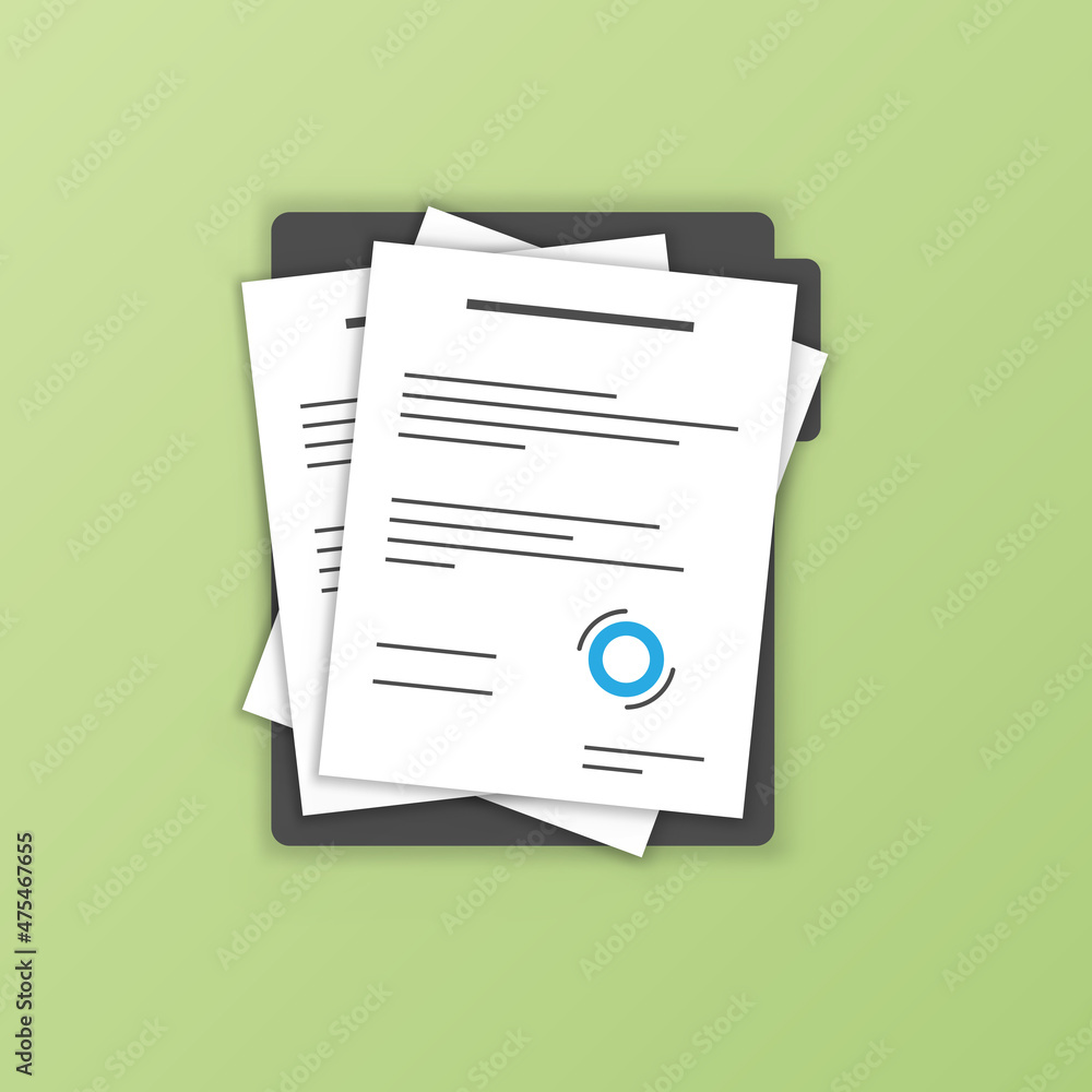 Poster contract document icon in flat style. report with signature and approval stamp vector illustration o