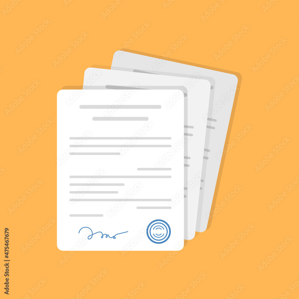 Poster contract document icon in flat style. report with signature and approval stamp vector illustration o