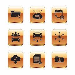 Set Share folder, Cloud download music, file, Car sharing, and Financial calendar icon. Vector