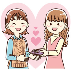 チョコを渡す女性カップル＿線画ver