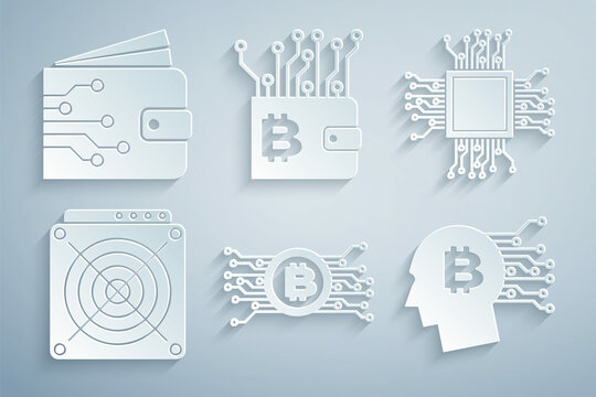 Set Cryptocurrency bitcoin in circuit, Processor, ASIC Miner, Bitcoin think, wallet and icon. Vector