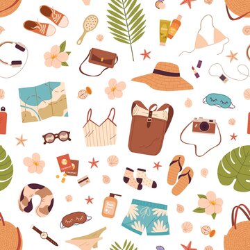 Travel stuff pattern. Seamless background with camera, backpack, bikini, passport for summer beach holidays. Repeating print with accessories and clothes for journey. Colored flat vector illustration