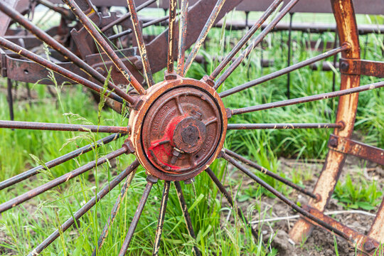 Latah, Washington State, USA. Rusted hub and spokes on antique farm equipment. (Editorial Use Only)