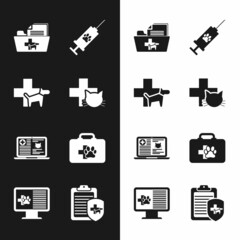 Set Veterinary clinic, , Medical veterinary record folder, Syringe with pet vaccine, Clinical cat on laptop and Pet first aid kit icon. Vector