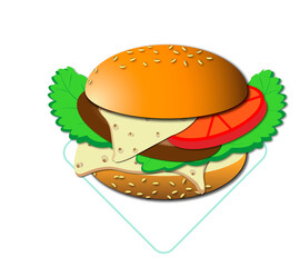 hamburger on white background, vector isolated object, sesame seed bun top bottom, cheese, tomato, greens, burger, layers