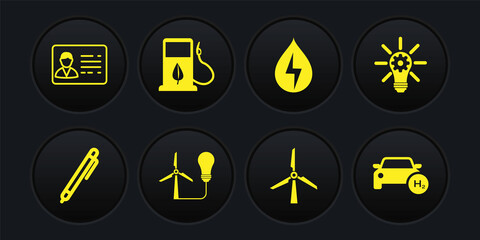 Set Pen, Light bulb with gear, wind turbine, Wind, Water energy, Bio fuel fueling nozzle, Hydrogen car and Identification badge icon. Vector