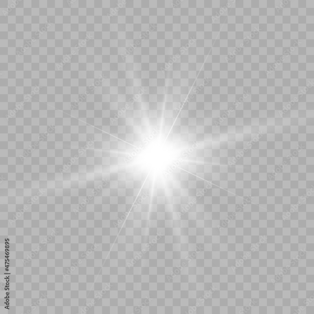 Poster bright white light effect with rays and highlights for vector illustration.