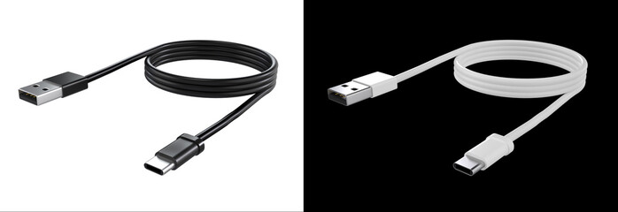 Black and white USB cable type C plug universal computer and phone connection on a white background. isolated usb cord.  Charger usb cable perspective. 3D render. - obrazy, fototapety, plakaty