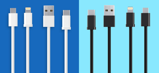 USB cables type A, and type C plugs, micro USB and lightning, universal computer and phone connection on white background. isolated usb cord.  Charger usb cable on a white background. 3D render. 