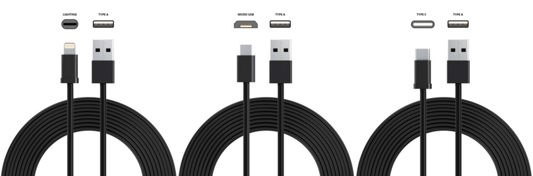 USB cables type A, and type C plugs, micro USB and lightning, universal computer and phone connection on white background. isolated usb cord.  Charger usb cable on a white background. 3D render. 