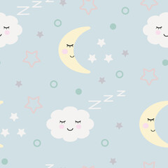 seamless pattern for baby sleep cute cloud and moon with stars on light blue pastel note. cartoon pattern, kids cute pattern for textile, fabric, wallpaper