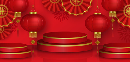 Chinese style podium stage display decorated for online business