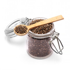 glass can full of organic natural chia seeds close-up isolated on white background