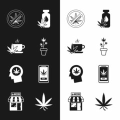 Set Marijuana plant in pot, Cup tea with marijuana, Stop, or cannabis leaf oil, Head profile, Online buying, and and store icon. Vector