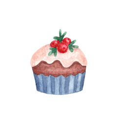Pastry cupcake muffin decorated with confectionery glaze, red berries and green twigs. Sweet sugar dessert. Watercolor hand painted illustration isolated on white background.